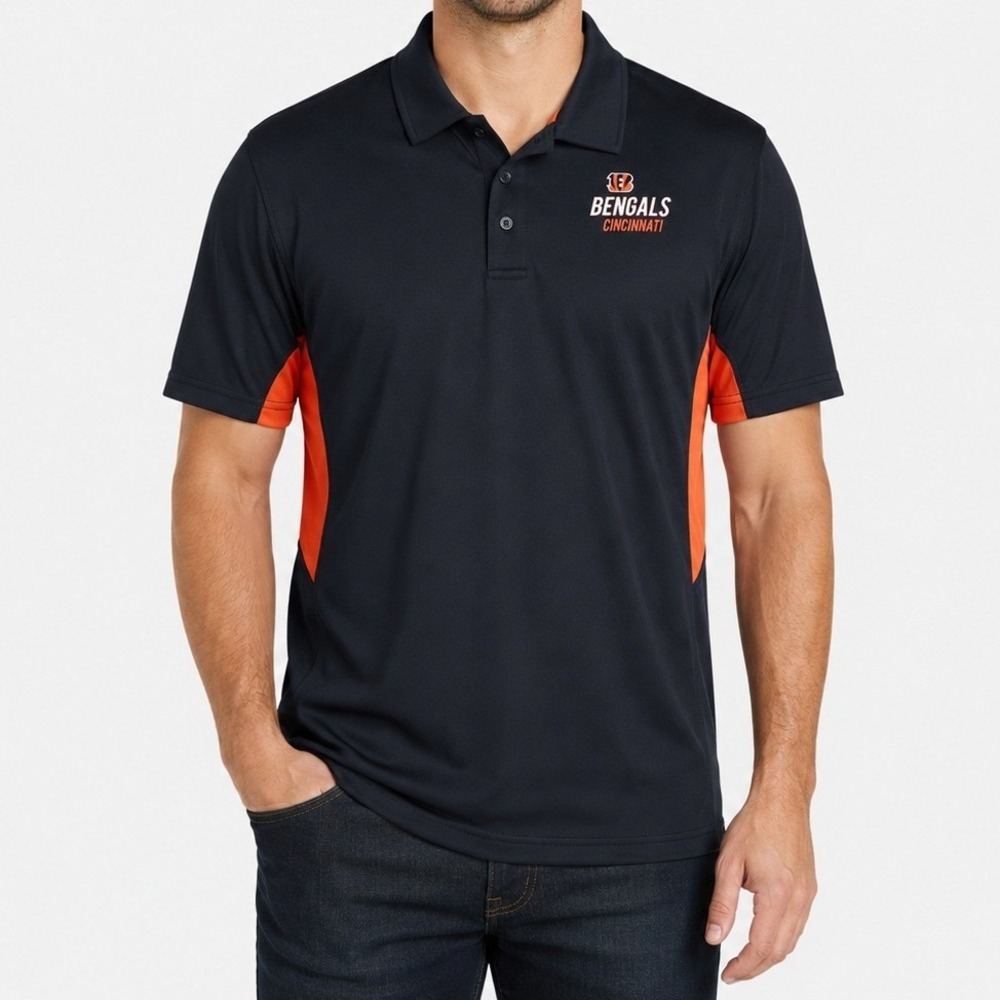 OTS NFL Cincinnati Bengals Mens Polo Shirt Short Sleeve Jet Black Orange XL